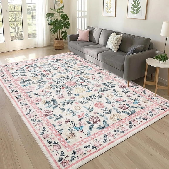 Washable Living Room Rug 9x12 Farmhouse Floral Accent Rug with Non-Slip Backing, Stain-Resistant Soft for Dining Room, Bedroom, Kids Room, Pink
