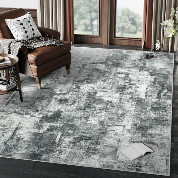 Washable Living Room Rug: Abstract Large Carpet Modern For Bedroom Kitchen Dining Room Nursery Neutral Tumble Rugs Soft Thin Low Pile Non Slip Indoor - Black/Grey 4x6ft