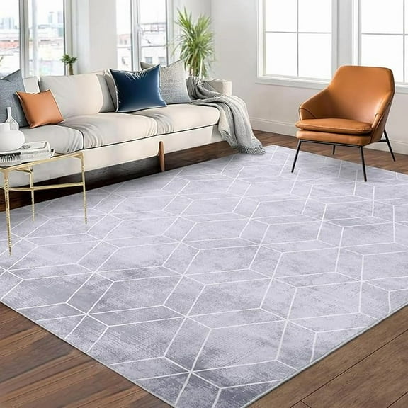 Washable Living Room Rugs 2x6, Modern Non Slip Bedroom Area Rug, Ultra Thin Low Pile Floor Carpet for Dining Room, Indoor Modern Geometric Throw Rugs for Home Office,Easy Cleaning, Gary