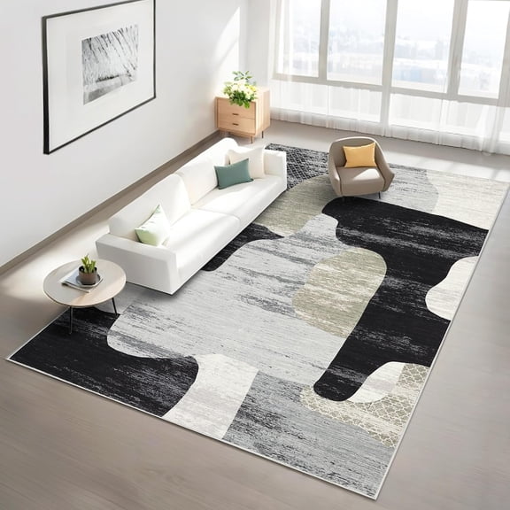 Washable Living Room Rugs 8x10 Large Modern Abstract Floor Mats, Non-Slip Contemporary Accent Rug, Stain-Resistant Soft Low Pile Indoor Carpet for Bedroom, Dining Room, Kitchen, Grey
