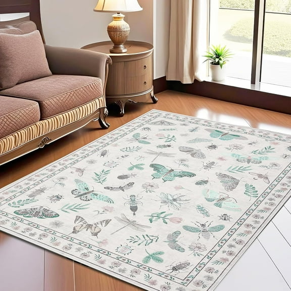 Washable Living Room Rugs 8x10 Large Modern Floral Insect Indoor Carpet Mat, Non-Slip Nature Accent Rugs, Foldable Ultra-Thin Floor Cover for Dining Room, Bedroom, Office, Beige
