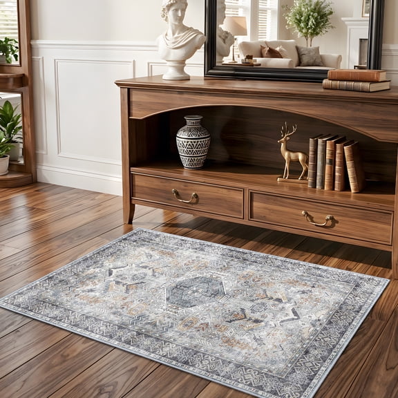 Washable Living Room Runner Rug - 2x3 Large Bedroom Rug Distressed Oriental Non-Slip Non-Shedding Print Floor Carpet for Dining Room Kitchen (Grey/Blue,2x3)