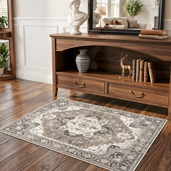 Washable Living Room Runner Rug - 2x3 Little Bedroom Rug Distressed Oriental Non-Slip Non-Shedding Print Floor Carpet for Dining Room Kitchen (Beige,2x3)