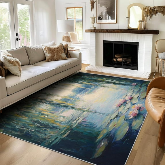 Washable Lotus Flower Leaf Rugs For Living Room Bedroom,Water Lily Rug Nature Floral Pond Area Rug For Home Decor, Non Slip Backing Floor Carpet 5x6ft
