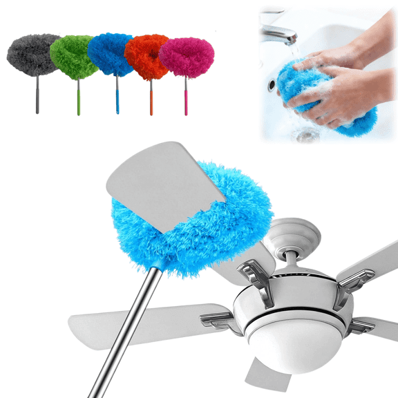 Washable Microfiber Ceiling Fan Blade Duster with Extendable Telescopic Pole, Adjustable Length Long Handle Static Cleaning Duster, Green
