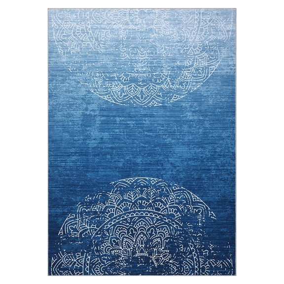 Washable Modern Abstract Ombre Rug, Distressed Medallion Non-Slip Thin Carpet, Stain Resistant Foldable Printed Floor Mat for Living Room Bedroom Nursery
