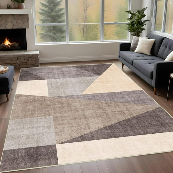 Washable Modern Area Rug: Geometric Area Rugs For Living Room & Bedroom With Non-Slip Backing Modern Geometric Carpet For Living Room Brown Grey-5x6ft