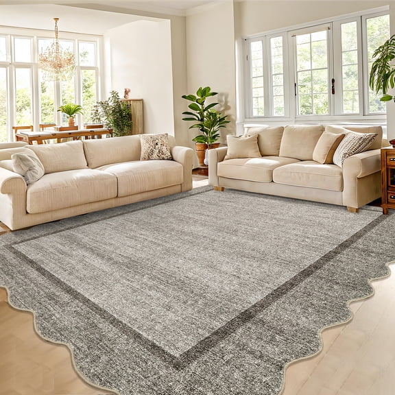 Washable Modern Scalloped Rug with Non-Slip Backing, Stain-Resistant Ultra-Soft Neutral Floor Carpet, Easy to Clean, for Living Room and Dining Room
