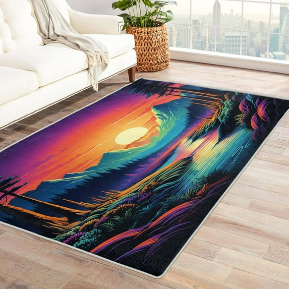 Washable Natural Landscape Rugs For Entryway Bedroom Kitchen, Forest Sunset Mountain Area Rug For Home Decor, Non Slip Backing Indoor Floor Mat Carpet 5x6ft