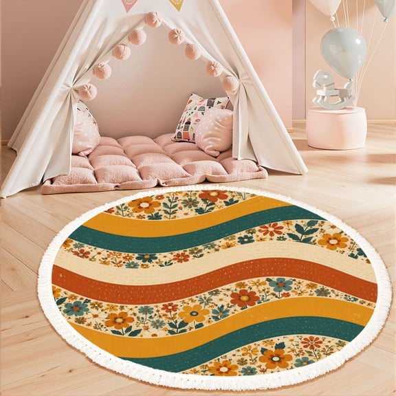 Washable Non Slip 3ft Round Rug, 70s retro flower Groovy vintage floral Circle Area Rugs with Tassels Carpet for Nursery Bedroom Living Room Playroom Tent rug Tent Castle