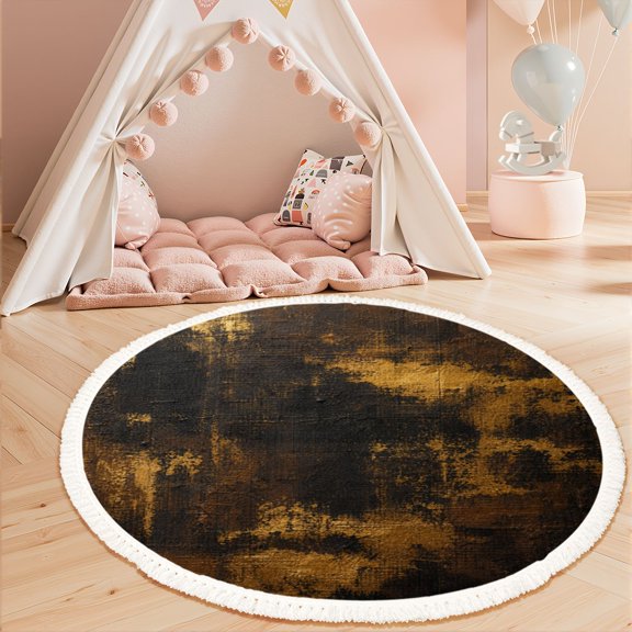 Washable Non Slip 3ft Round Rug, Abstract Black Gold Distressed Circle Area Rugs with Tassels Carpet for Nursery Bedroom Living Room Playroom Tent rug Tent Castle