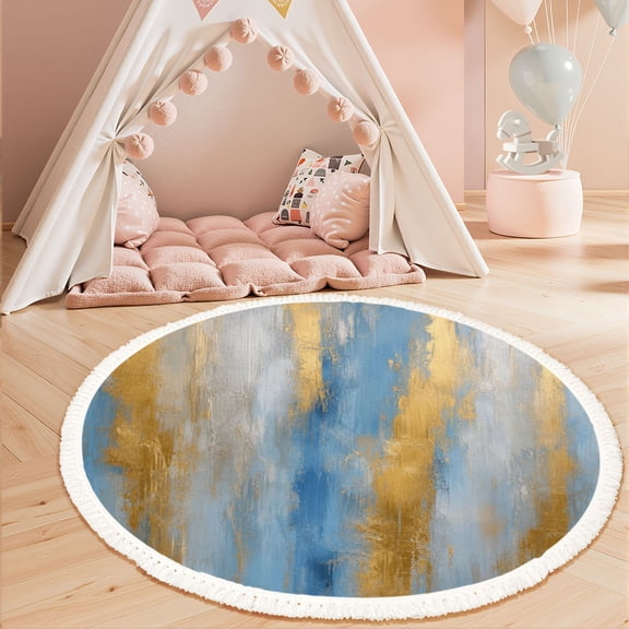 Washable Non Slip 3ft Round Rug, Abstract Blue Gold Art Metallic Finish Circle Area Rugs with Tassels Carpet for Nursery Bedroom Living Room Playroom Tent rug Tent Castle