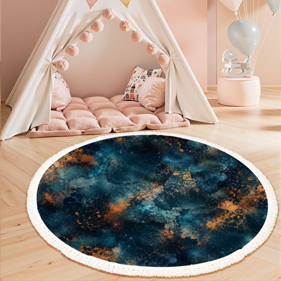 Washable Non Slip 3ft Round Rug, Abstract Teal Gold Metallic Speckled Effect Circle Area Rugs with Tassels Carpet for Nursery Bedroom Living Room Playroom Tent rug Tent Castle