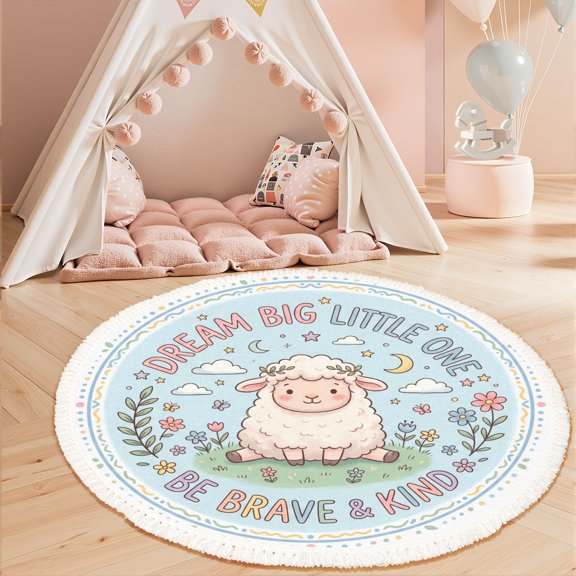 Washable Non Slip 3ft Round Rug, Adorable Sheep Whimsical Floral Starry Circle Area Rugs with Tassels Carpet for Nursery Bedroom Living Room Playroom Tent Rug Tent Castle