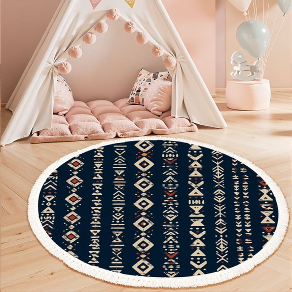 Washable Non Slip 3ft Round Rug, African Print Tribal Traditional Ethnic Circle Area Rugs with Tassels Carpet for Nursery Bedroom Living Room Playroom Tent rug Tent Castle