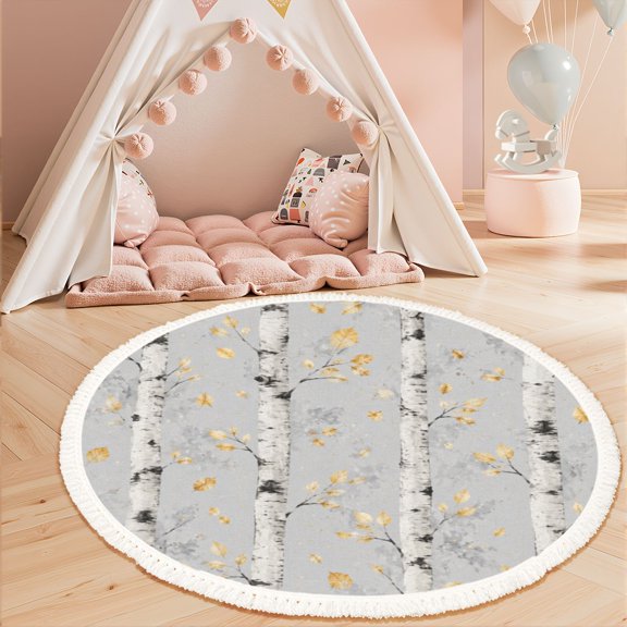Washable Non Slip 3ft Round Rug, Aspen Tree Modern Abstract Forest Landscape Birch Trees Circle Area Rugs with Tassels Carpet for Nursery Bedroom Living Room Playroom Tent rug Tent Castle