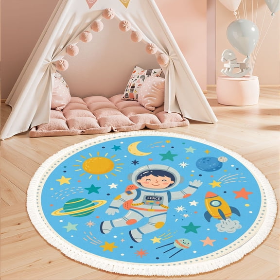 Washable Non Slip 3ft Round Rug, Astronaut Planets Space Elements Blue Circle Area Rugs with Tassels Crawling Play Mat Nursery Carpet for Children Toddlers Bedroom
