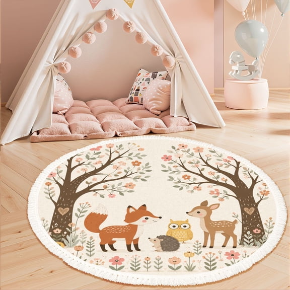 Washable Non Slip 3ft Round Rug, Autumn Forest Animals Fox Owl Hedgehog Soft Pastel Landscape Circle Area Rugs with Tassels Carpet for Nursery Bedroom Living Room Playroom Tent rug Tent Castle