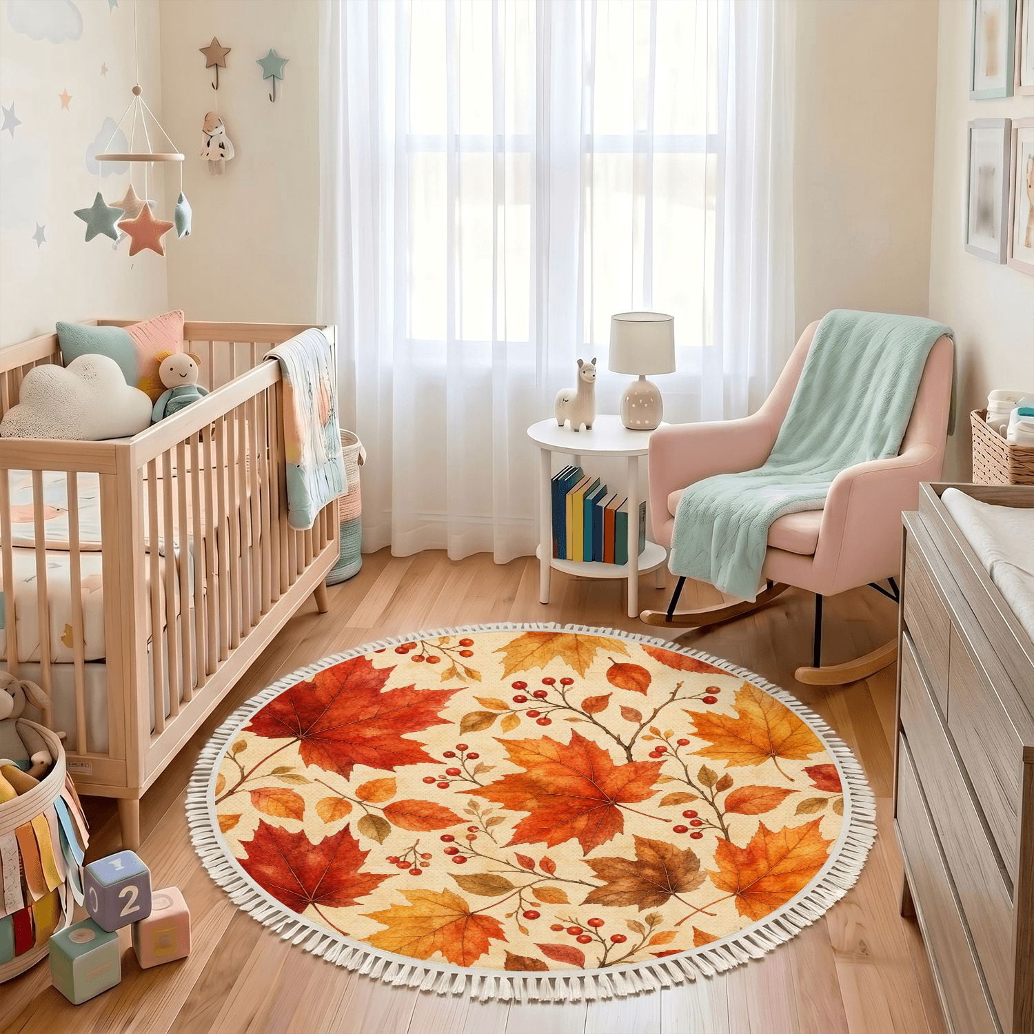 Round Autumn Rug Washable Non Slip 3ft Round Rug, Autumn Maple Leaves Berries Circle ...