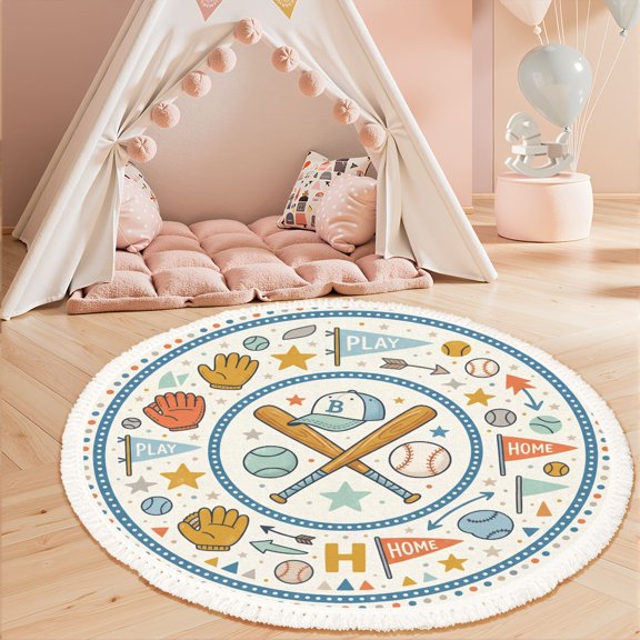 Washable Non Slip 3ft Round Rug, Baseball Themed Circular Design Bats Balls Gloves Flags Circle Area Rugs with Tassels Crawling Play Mat Nursery Carpet for Children Toddlers Bedroom