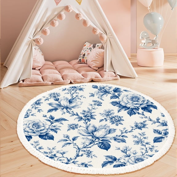 Washable Non Slip 3ft Round Rug, Bloom Vintage floral Spring flowers Blue white Chinoiserie Circle Area Rugs with Tassels Carpet for Nursery Bedroom Living Room Playroom Tent Rug