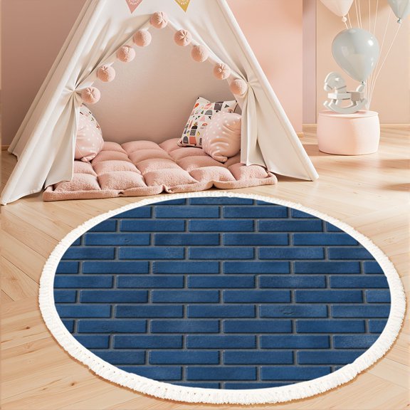 Washable Non Slip 3ft Round Rug, Blue Brick Wall Rough Surface Circle Area Rugs with Tassels Carpet for Nursery Bedroom Living Room Playroom Tent rug Tent Castle