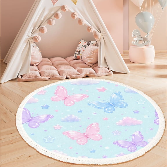 Washable Non Slip 3ft Round Rug, Blue Butterfly Seamless Soft Pastel Wings Gradient Circle Area Rugs with Tassels Carpet for Nursery Bedroom Living Room Playroom Tent rug Tent Castle