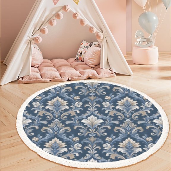 Washable Non Slip 3ft Round Rug, Blue Gold Baroque Damask Floral Slate Circle Area Rugs with Tassels Carpet for Nursery Bedroom Living Room Playroom Tent rug Tent Castle