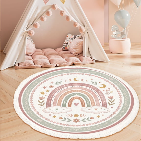 Washable Non Slip 3ft Round Rug, Boho Rainbow Clouds Floral Accents Soft Pastel Colors Nursery Rugs with Tassels Carpet for Calming Corner Home Bedroom Playroom Decor