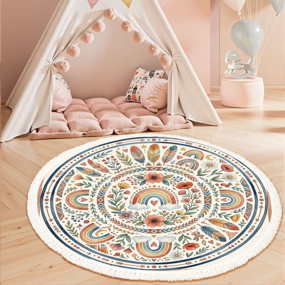 Washable Non Slip 3ft Round Rug, Boho Watercolor Mandala Feathers Florals Rainbows Hearts Circular Circle Area Rugs with Tassels Carpet for Nursery Bedroom Living Room Playroom Tent rug