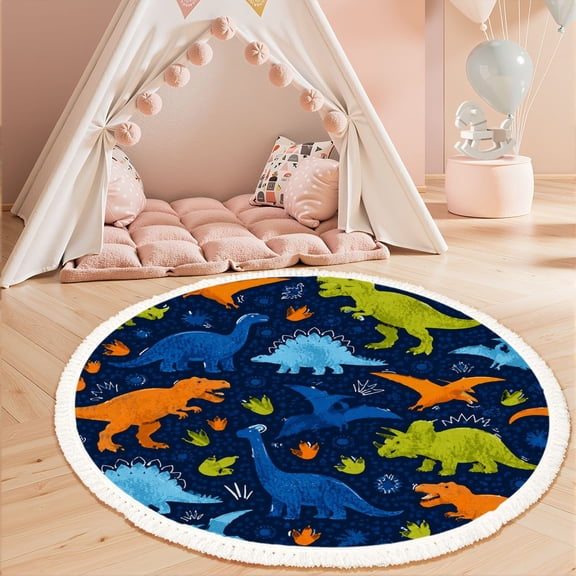 Washable Non Slip 3ft Round Rug, Bright colorful dinosaur blue grunge effect print for textile Circle Area Rugs with Tassels Carpet for Nursery Bedroom Living Room Playroom Tent Rug
