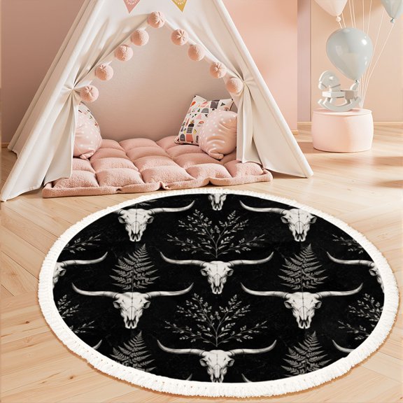 Washable Non Slip 3ft Round Rug, Bull Skull Botanical Black Circle Area Rugs with Tassels Carpet for Nursery Bedroom Living Room Playroom Tent rug Tent Castle