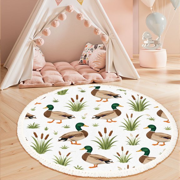 Washable Non Slip 3ft Round Rug, Charming Mallard Ducks Cattails Green Heads Brown Bodies Circle Area Rugs with Tassels Carpet for Nursery Bedroom Living Room Playroom Tent rug Tent Castle