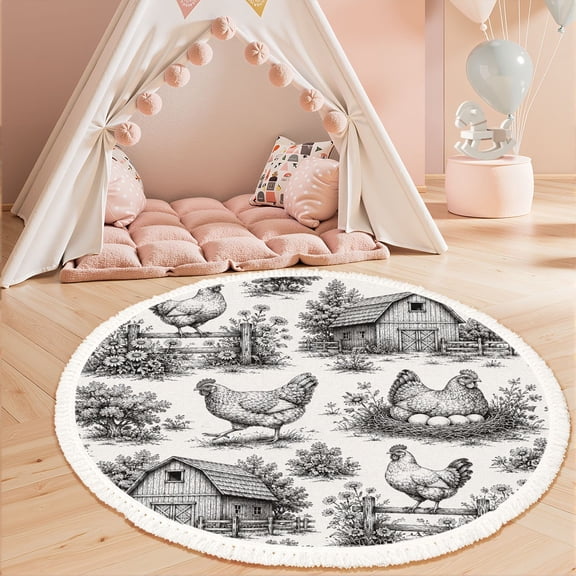 Washable Non Slip 3ft Round Rug, Chicken farm hand drawn ink Chicken coop hens rooster chicks Circle Area Rugs with Tassels Carpet for Nursery Bedroom Living Room Playroom Tent Rug