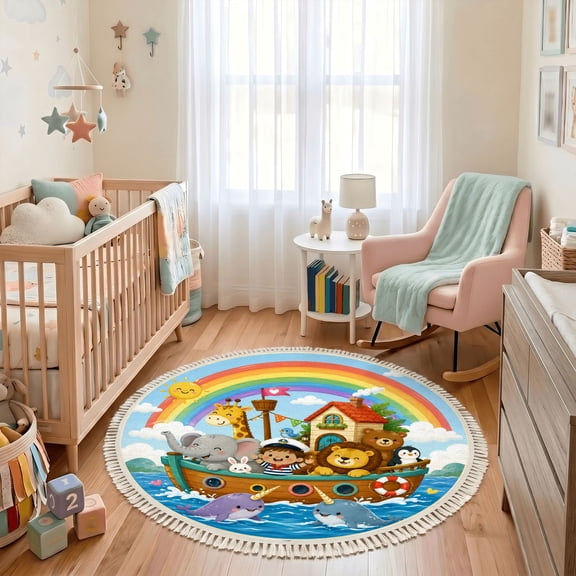 Washable Non Slip 3ft Round Rug, Colorful Animals Noahs Ark Circle Area Rugs with Tassels Playful Rainbow Adventure cartoon Carpet for Nursery Bedroom Living Room Playroom Tent Rug