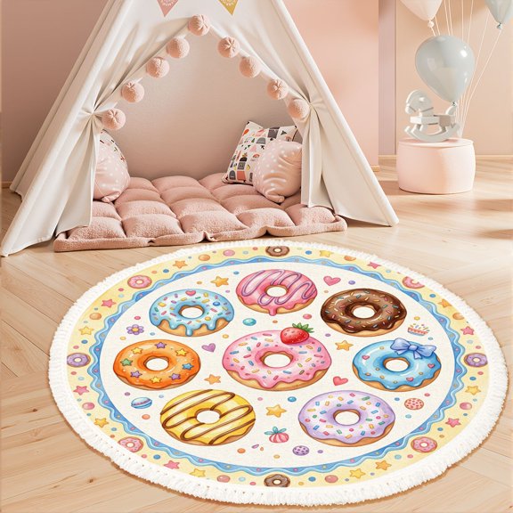 Washable Non Slip 3ft Round Rug, Colorful Donuts Sprinkles Decorative Elements Circle Area Rugs with Tassels Carpet for Nursery Bedroom Playroom Tent rug Tent Castle