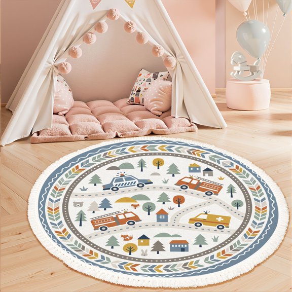 Washable Non Slip 3ft Round Rug, Colorful Emergency Vehicles Forest Landscape Circle Area Rugs with Tassels Crawling Play Mat Nursery Carpet for Children Toddlers Bedroom