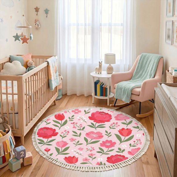 Washable Non Slip 3ft Round Rug, Seamless Floral Red Pink Flowers Pastel Circle Area Rugs with Tassels Carpet for Nursery Bedroom Living Room Playroom Tent Rug