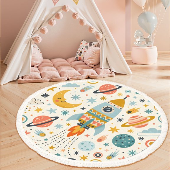 Washable Non Slip 3ft Round Rug, Colorful Rocket Planet Stars Moon Space Theme Circle Area Rugs with Tassels Crawling Play Mat Nursery Carpet for Children Toddlers Bedroom