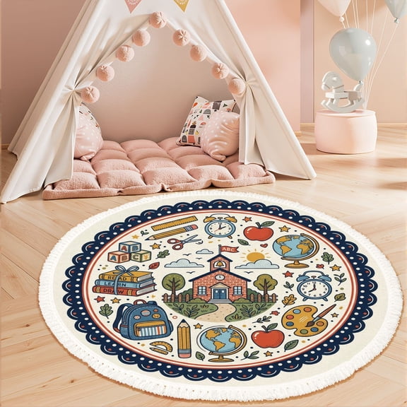 Washable Non Slip 3ft Round Rug, Colorful School Design Brick Schoolhouse Supplies Circle Area Rugs with Tassels Carpet for Nursery Bedroom Living Room Playroom Classroom