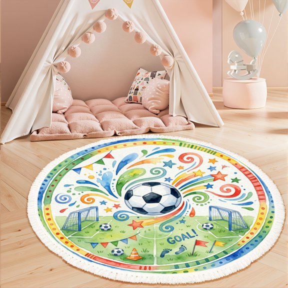 Washable Non Slip 3ft Round Rug, Colorful Watercolor Soccer Design Ball Goal Posts Circle Area Rugs with Tassels Crawling Play Mat Nursery Carpet for Children Toddlers Bedroom