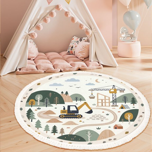 Washable Non Slip 3ft Round Rug, Construction Site Forest Excavator Crane Circle Area Rugs with Tassels Crawling Play Mat Nursery Carpet for Children Toddlers Bedroom