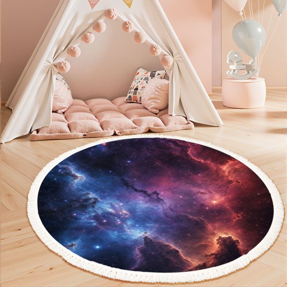 Washable Non Slip 3ft Round Rug, Cosmic Nebula Starfield Blue Purple Interstellar Clouds Circle Area Rugs with Tassels Carpet for Nursery Bedroom Living Room Playroom Tent rug Tent Castle