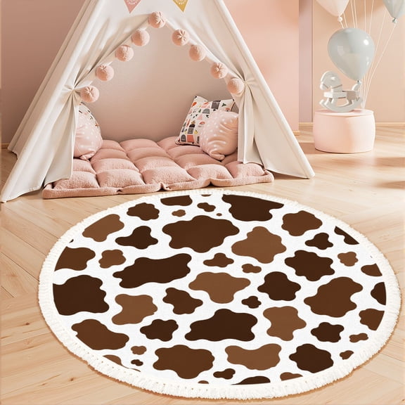 Washable Non Slip 3ft Round Rug, Cow skin Print animal hide brown spots white Mammals Circle Area Rugs with Tassels Carpet for Nursery Bedroom Living Room Playroom Tent Rug