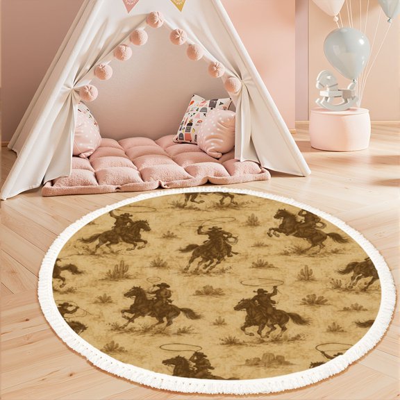 Washable Non Slip 3ft Round Rug, Cowboy Silhouettes Riding Horses Lasso Dusty Beige Circle Area Rugs with Tassels Carpet for Nursery Bedroom Living Room Playroom Tent rug Tent Castle