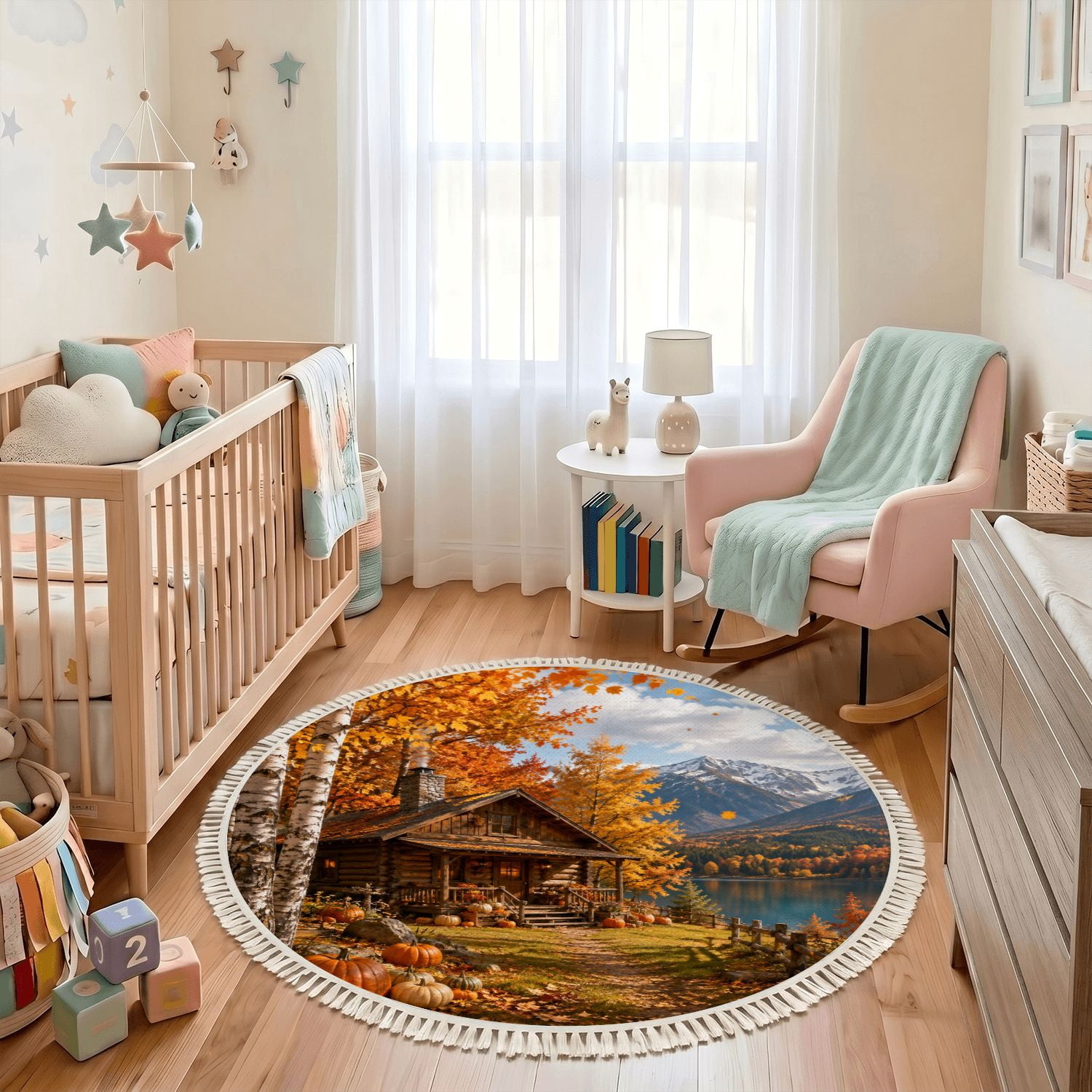 Cabin Styel Rug Washable Non Slip 3ft Round Rug, Cozy Wooden Cabin Autumn Forest ...