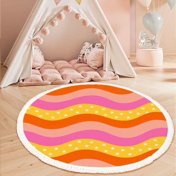 Washable Non Slip 3ft Round Rug, Curvy Psychedelic Y2K 70s Diagonal Flowers Fun Funky Retro Circle Area Rugs with Tassels Carpet for Nursery Bedroom Living Room Playroom Tent rug Tent Castle