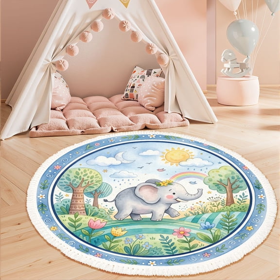 Washable Non Slip 3ft Round Rug, Cute Baby Elephant Whimsical Watercolor Forest Rainbow Sun Circle Area Rugs with Tassels Carpet for Nursery Bedroom Playroom Tent rug Tent Castle