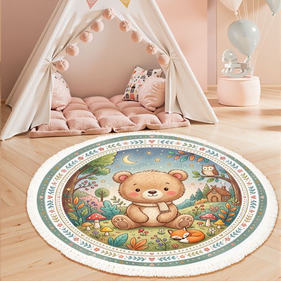 Washable Non Slip 3ft Round Rug, Cute Bear Scarf Woodland Scene Surrounded by Trees Mushrooms Circle Area Rugs with Tassels Carpet for Nursery Bedroom Playroom Tent rug Tent Castle