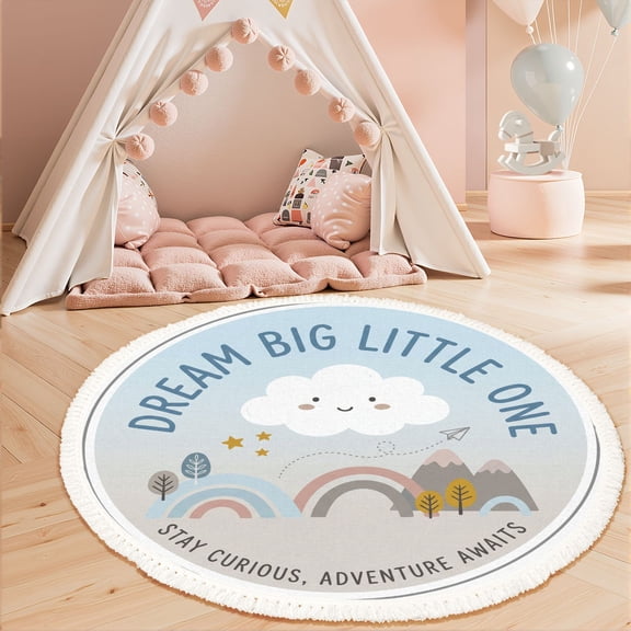 Washable Non Slip 3ft Round Rug, Cute Cloud Rainbows Mountains Pastel Colors Circle Area Rugs with Tassels Carpet for Nursery Bedroom Living Room Playroom Tent Rug Tent Castle